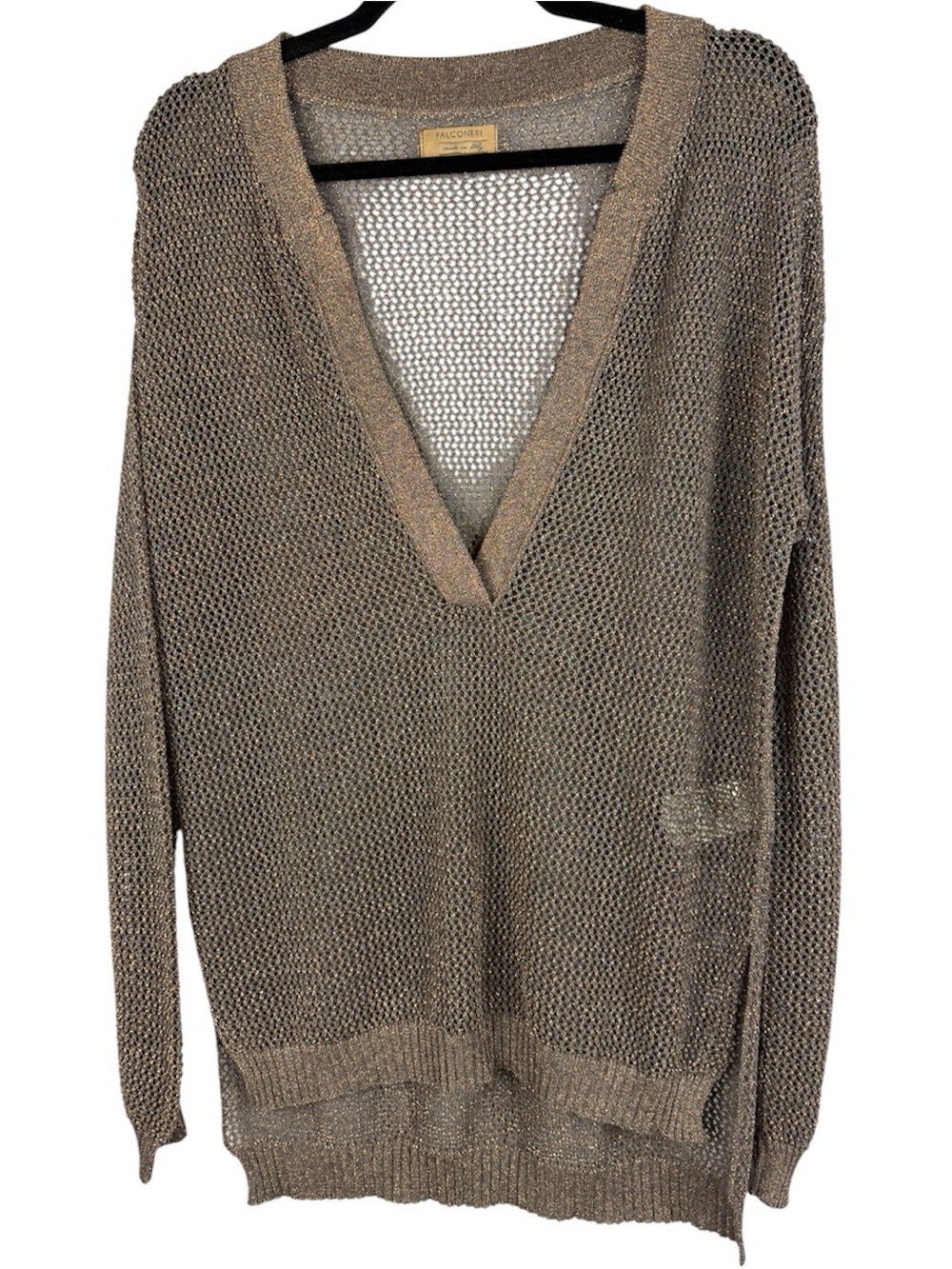 Falconeri Metallic Open Knit V-Neck Sweater Made in Italy Bronze Gold